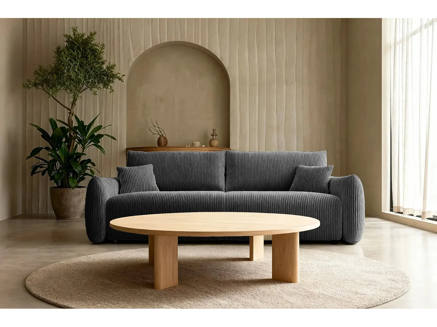 ELIO - Canapé droit convertible petit velours côtelé - Gris foncé