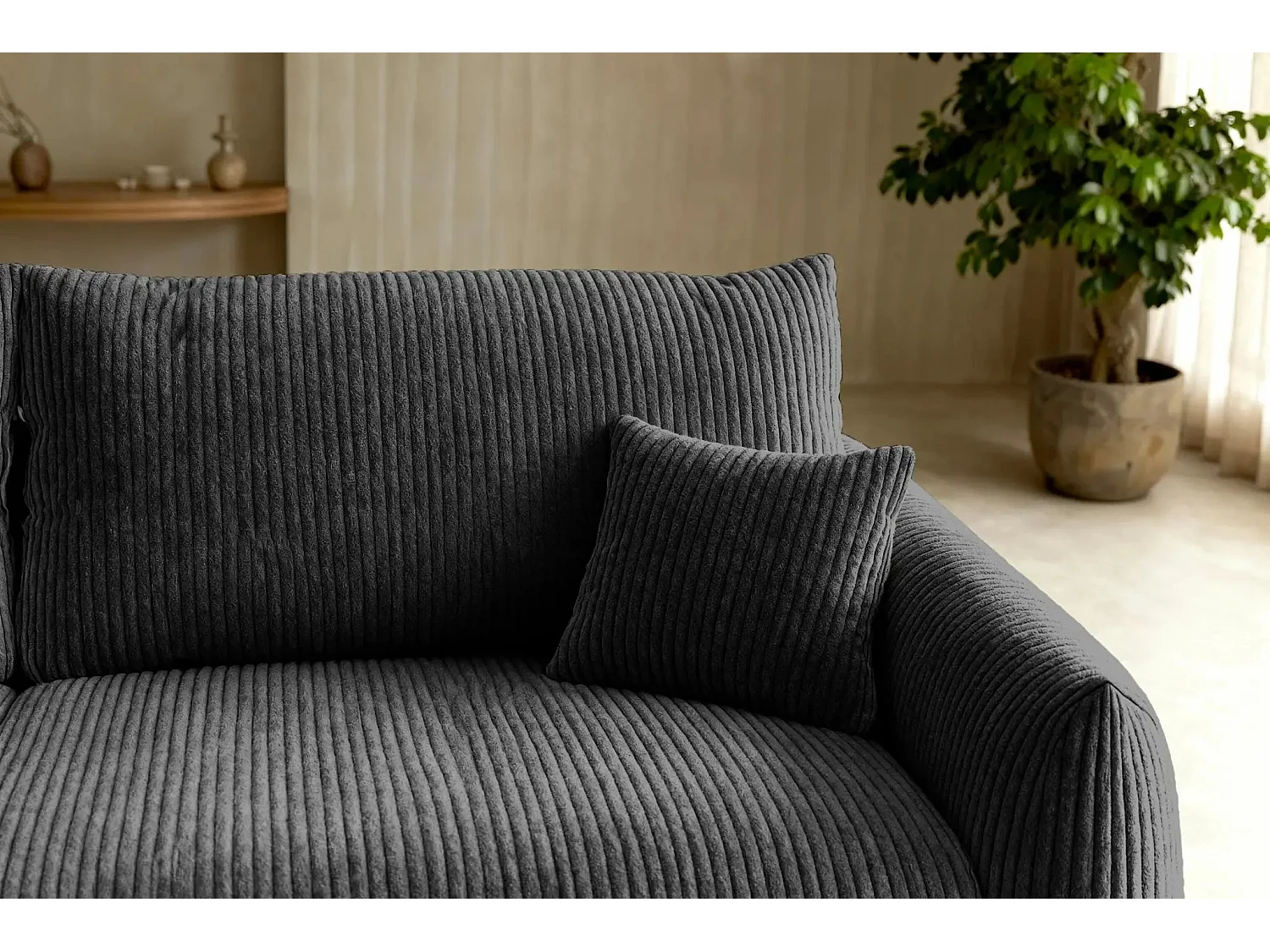 ELIO - Canapé droit convertible petit velours côtelé 3 places - Gris foncé
