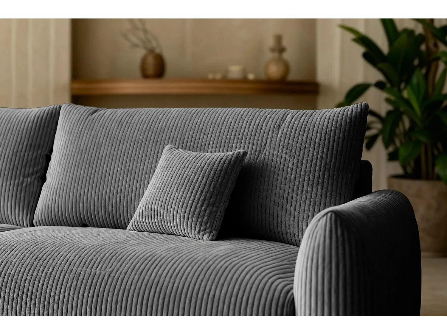 ELIO - Canapé droit convertible petit velours côtelé 3 places - Gris foncé