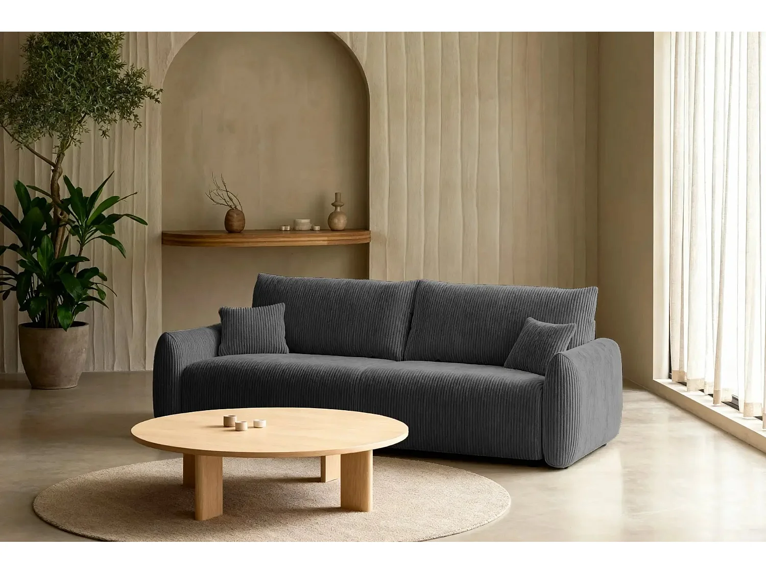 ELIO - Canapé droit convertible petit velours côtelé 3 places - Gris foncé