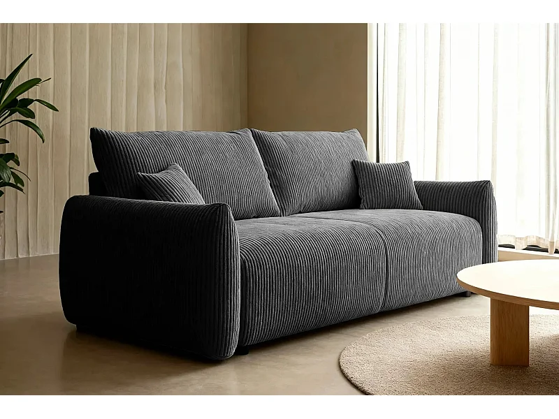 ELIO - Canapé droit convertible petit velours côtelé 3 places - Gris foncé