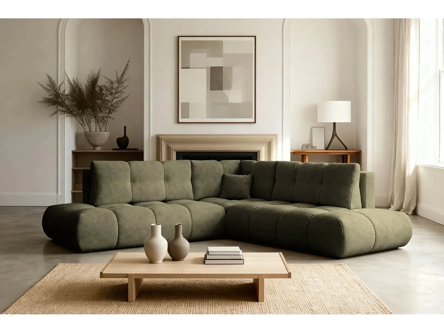 CONSTANCE L - Canapé d'angle convertible tissu chenille 4 places - Vert - Droit