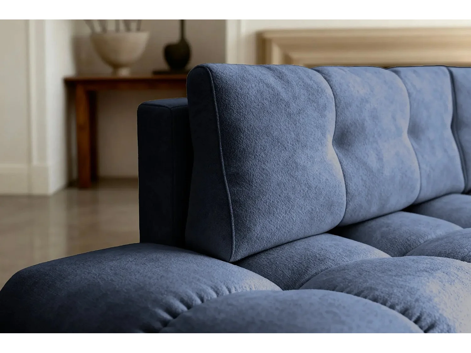 CONSTANCE L - Canapé d'angle convertible tissu chenille 4 places - Bleu - Droit