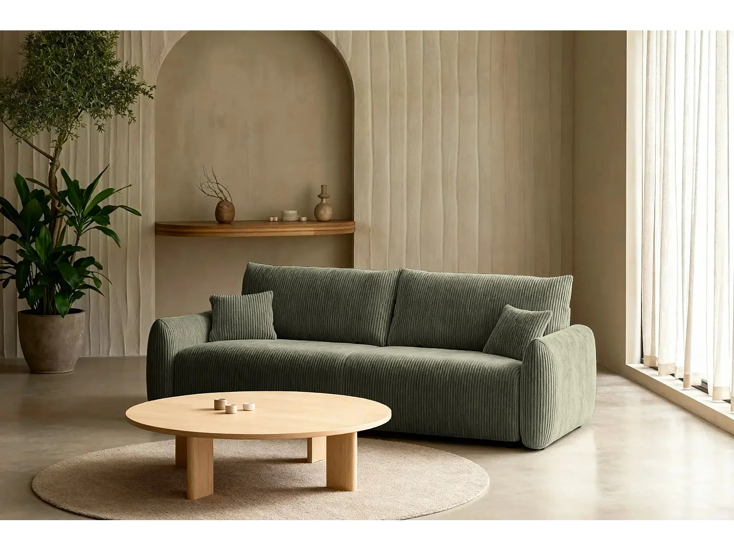 ELIO - Canapé droit convertible petit velours côtelé - Vert