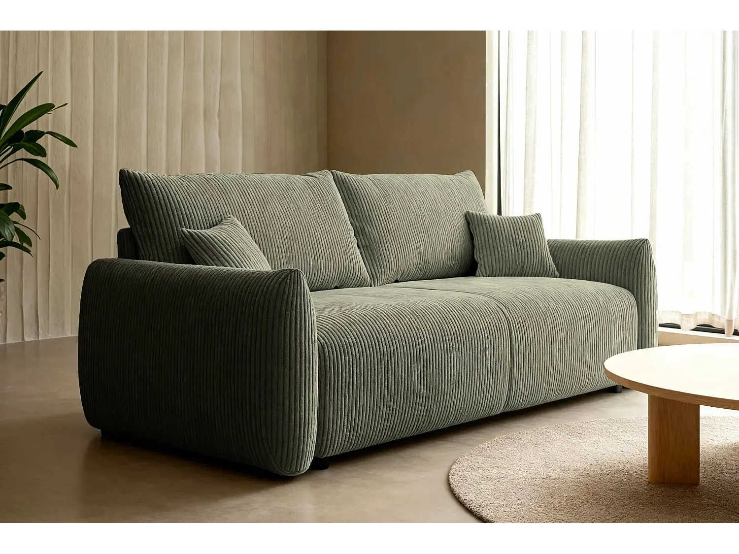 ELIO - Canapé droit convertible petit velours côtelé 3 places - Vert