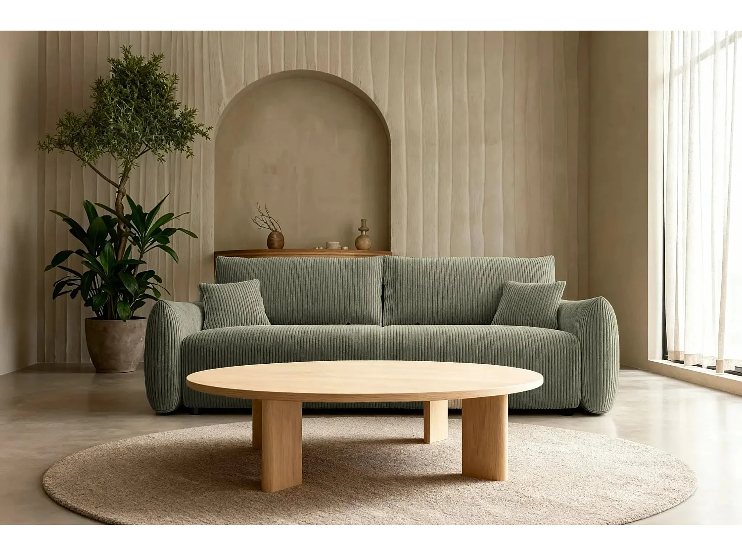 ELIO - Canapé droit convertible petit velours côtelé 3 places - Vert