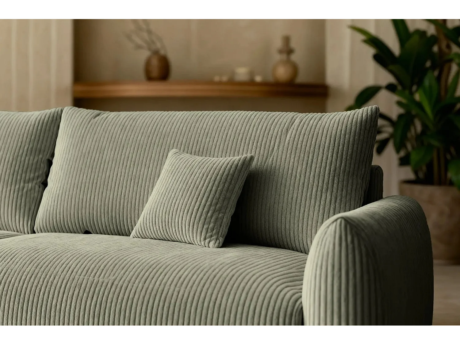ELIO - Canapé droit convertible petit velours côtelé 3 places - Vert