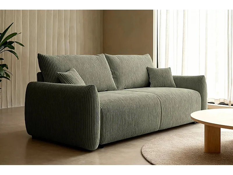 ELIO - Canapé droit convertible petit velours côtelé - Vert