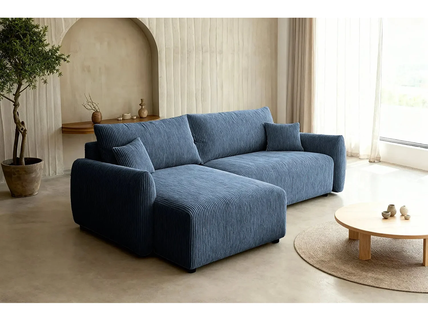ELIO - Canapé d'angle convertible petit velours côtelé - Bleu