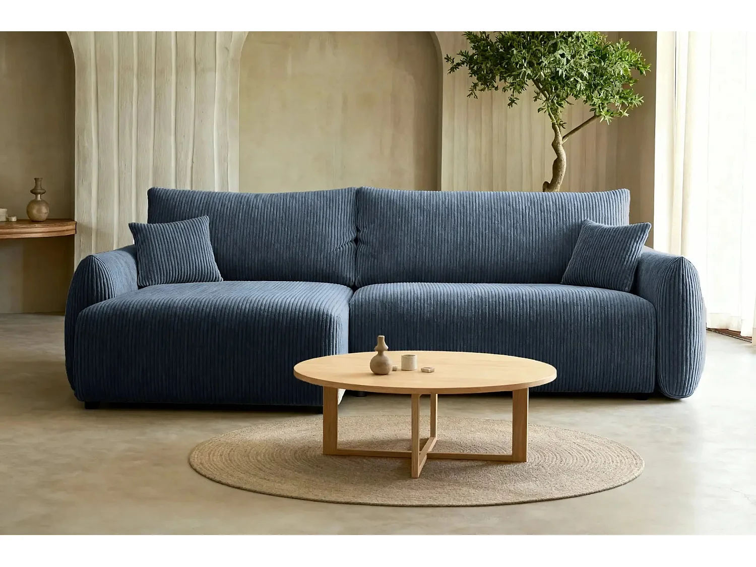 ELIO - Canapé d'angle convertible petit velours côtelé - Bleu