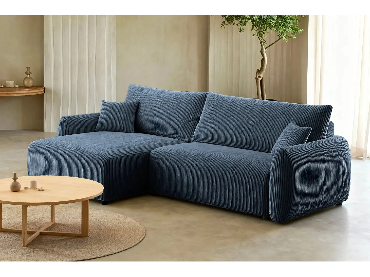 ELIO - Canapé d'angle convertible petit velours côtelé - Bleu