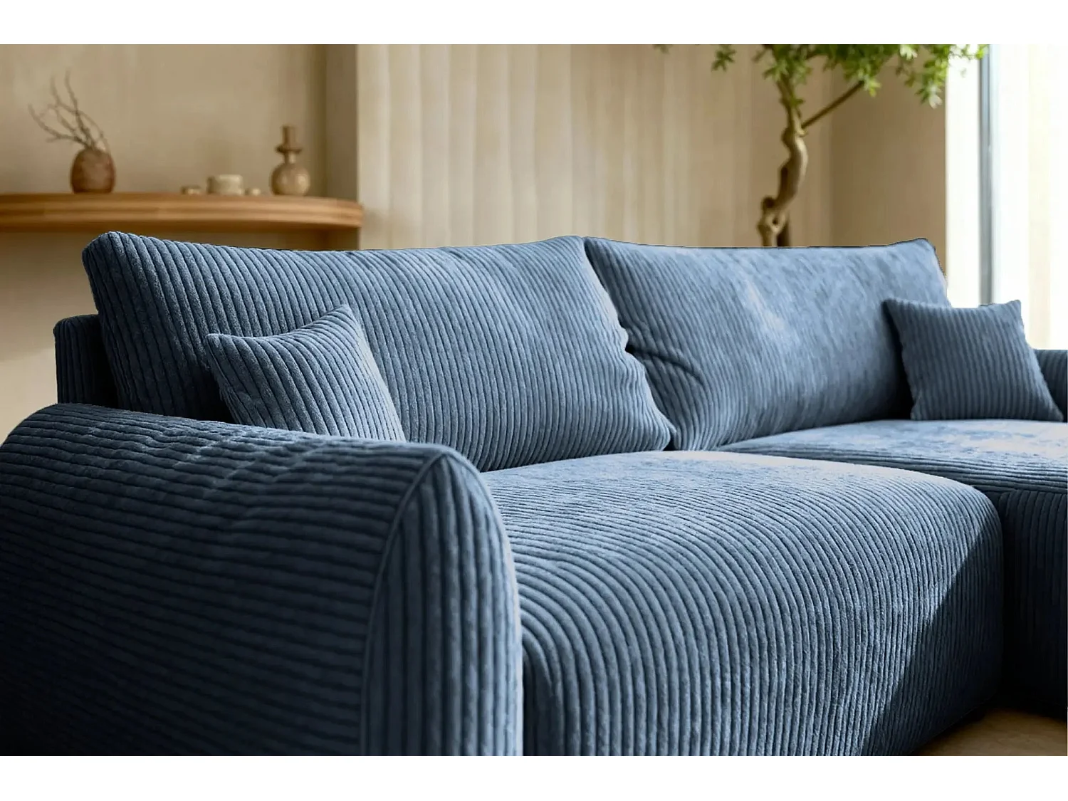 ELIO - Canapé d'angle convertible petit velours côtelé 4 places - Bleu