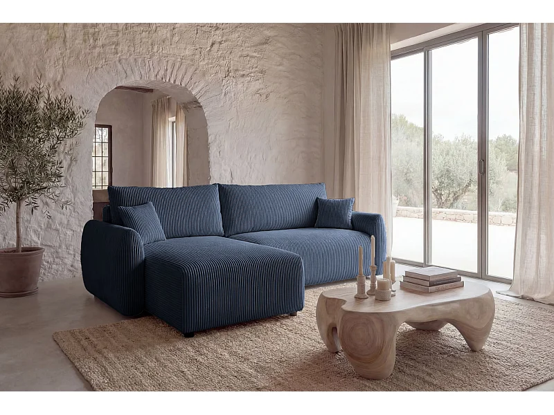 ELIO - Canapé d'angle convertible petit velours côtelé 4 places - Bleu