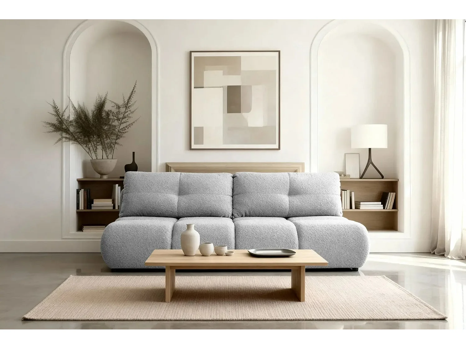 CONSTANCE MINI - Canapé droit convertible tissu bouclette 2 places - Gris clair