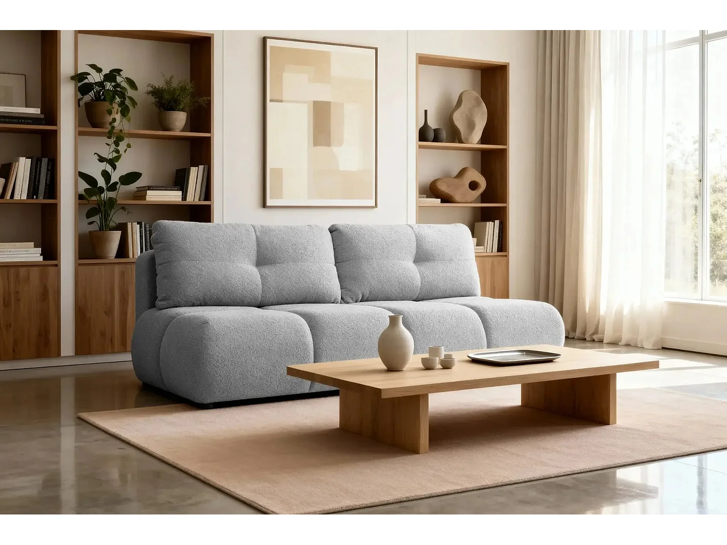 CONSTANCE MINI - Canapé droit convertible tissu bouclette 2 places - Gris clair