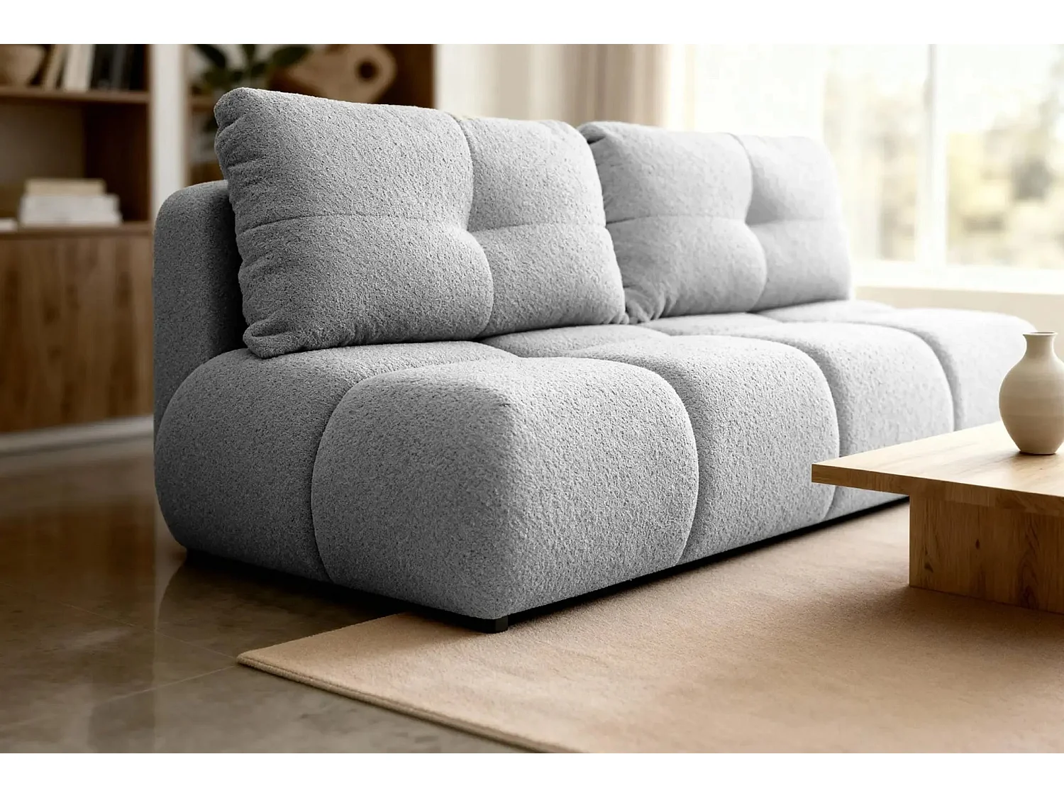 CONSTANCE MINI - Canapé droit convertible tissu bouclette 2 places - Gris clair