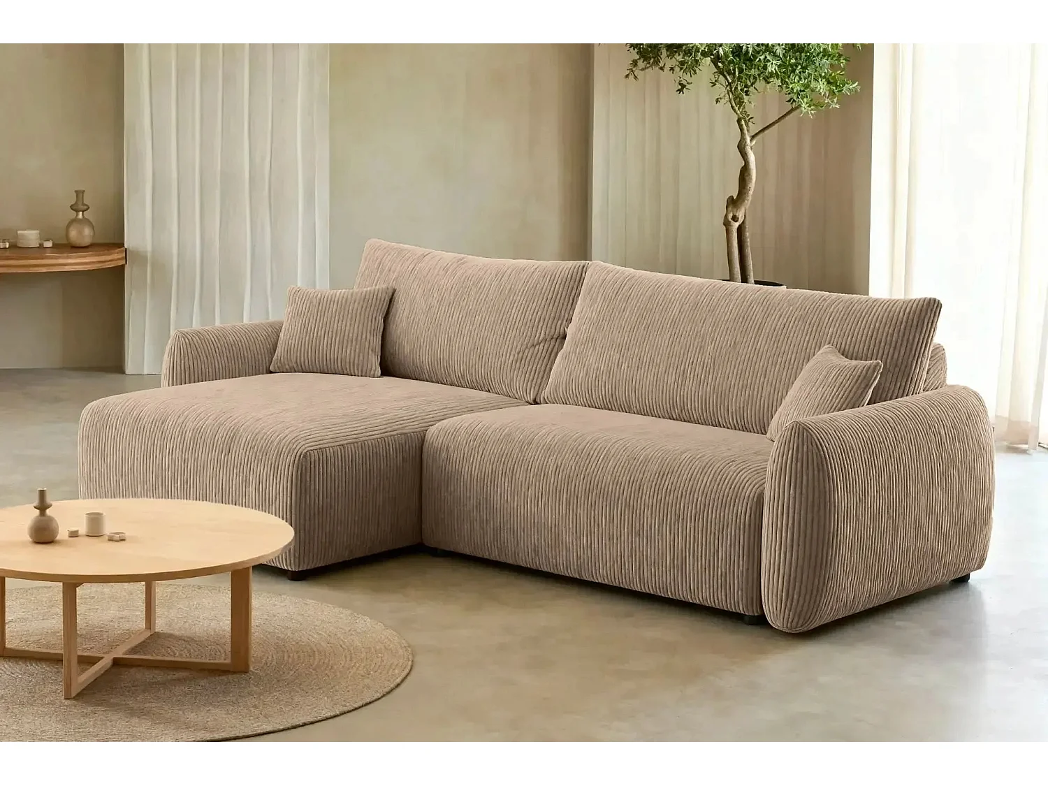 ELIO - Canapé d'angle convertible petit velours côtelé - Café