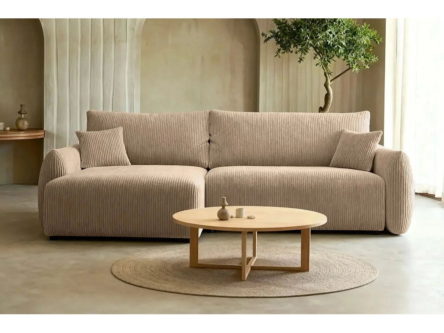 ELIO - Canapé d'angle convertible petit velours côtelé 4 places - Café