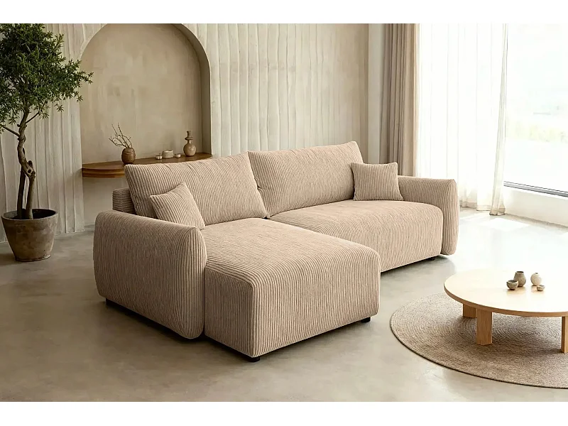 ELIO - Canapé d'angle convertible petit velours côtelé - Café