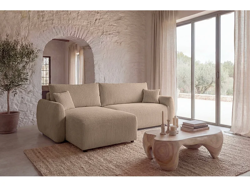 ELIO - Canapé d'angle convertible petit velours côtelé 4 places - Café