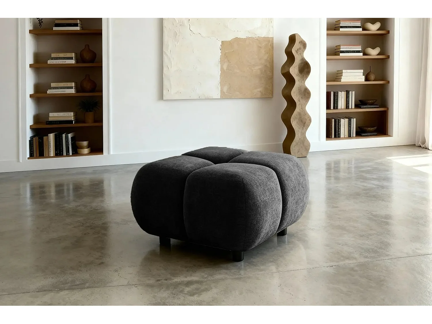 CONSTANCE - Pouf en tissu chenille Noir 72x72x43.5