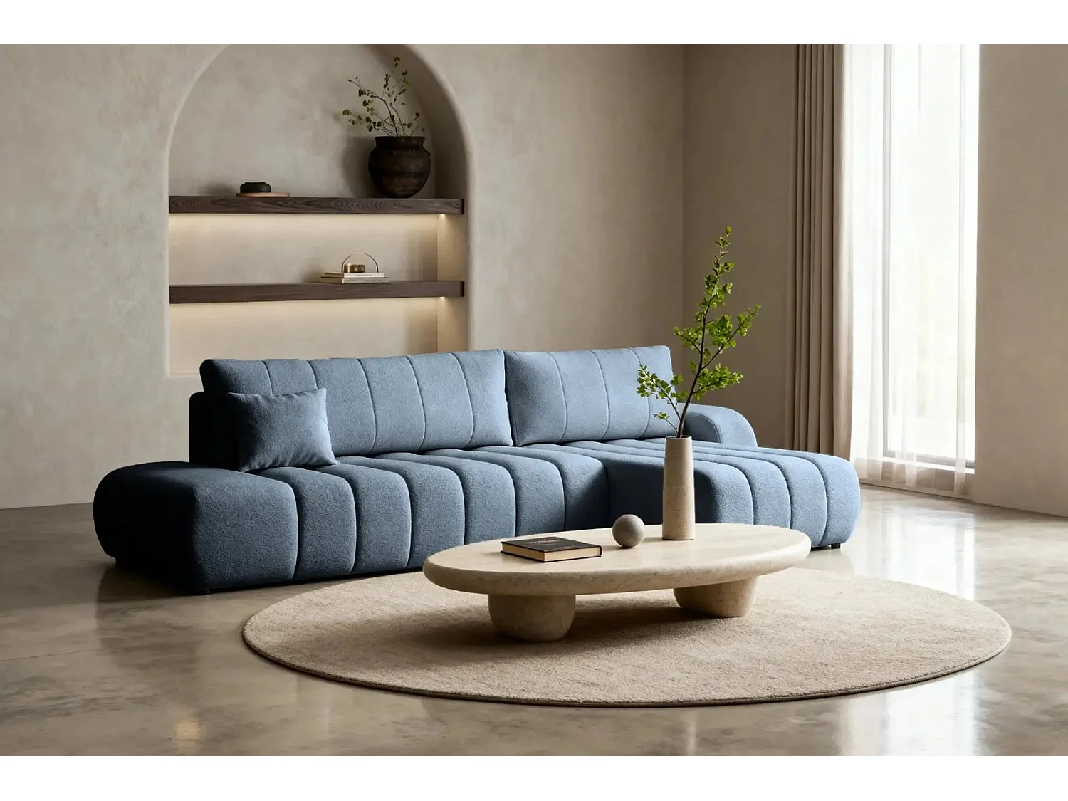 CELESTE - Canapé d'angle convertible tissu bouclette - Bleu - Gauche