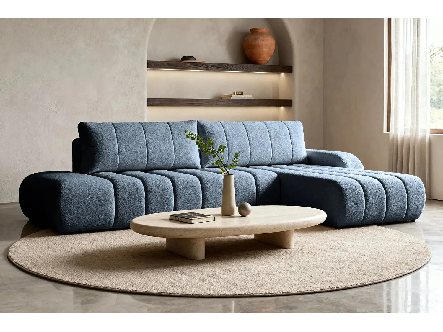 CELESTE - Canapé d'angle convertible tissu bouclette - Bleu - Gauche