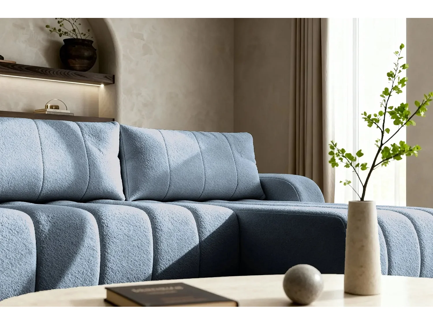 CELESTE - Canapé d'angle convertible tissu bouclette - Bleu - Gauche