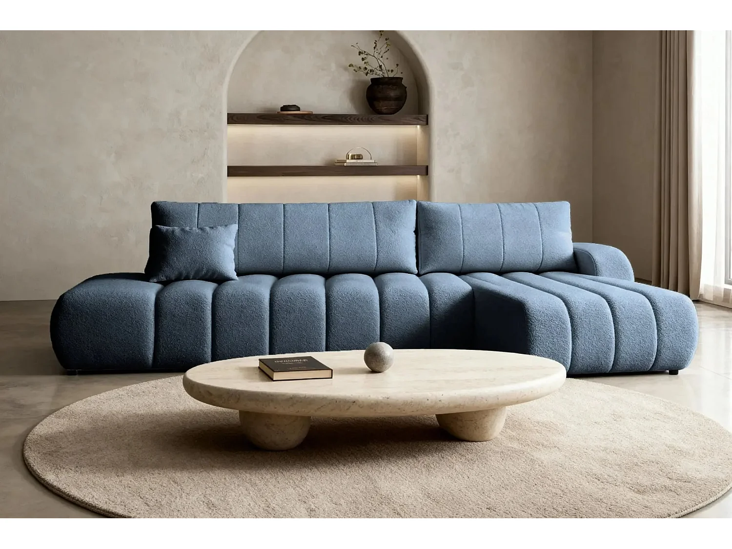 CELESTE - Canapé d'angle convertible tissu bouclette 4 places - Bleu - Gauche