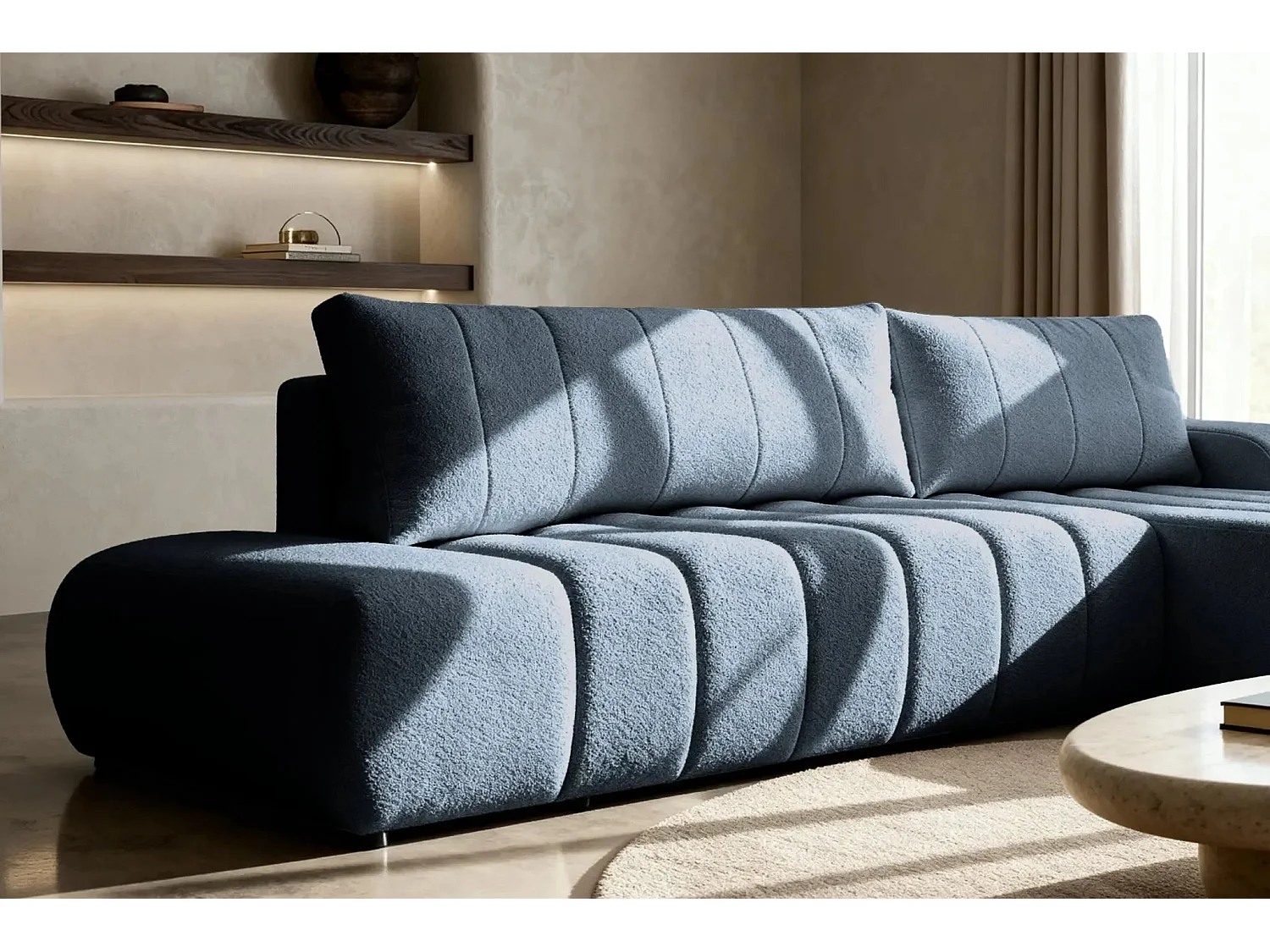 CELESTE - Canapé d'angle convertible tissu bouclette 4 places - Bleu - Gauche