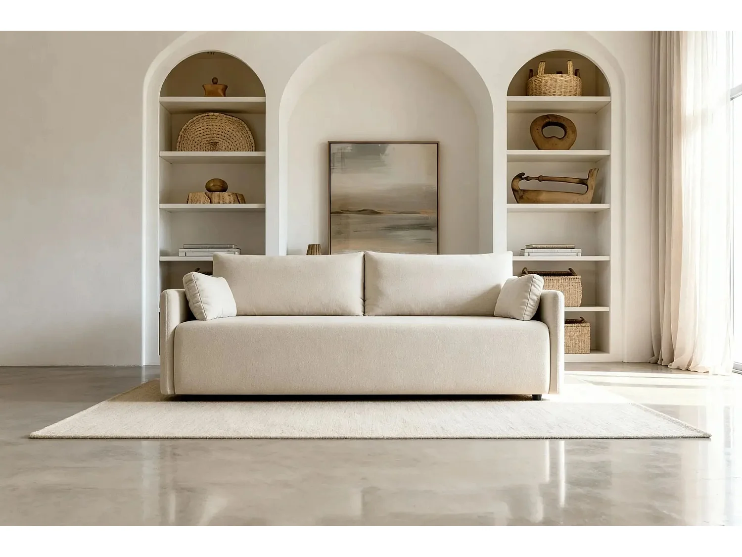 AXELLE - Canapé droit convertible tissu lisse - Beige