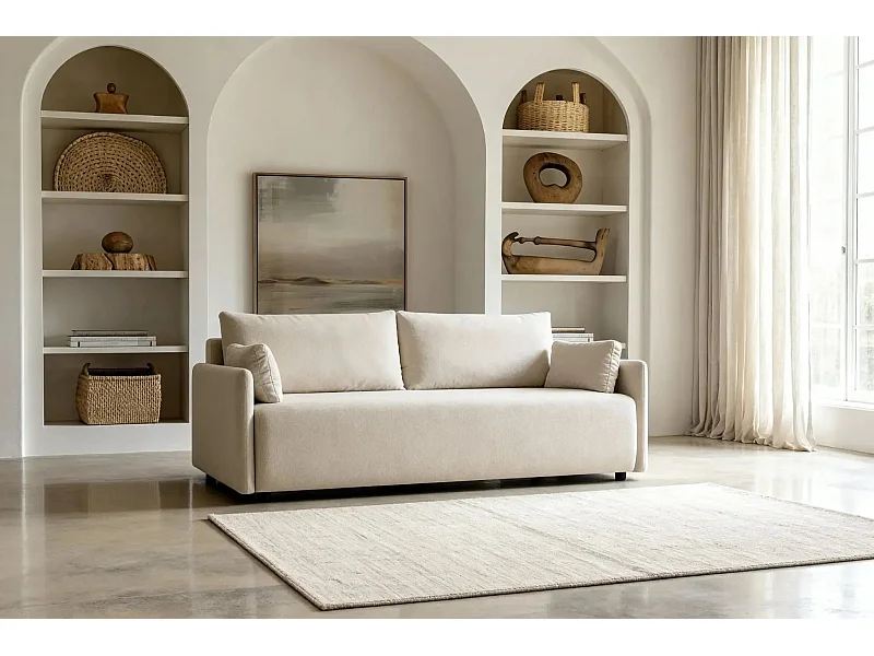 AXELLE - Canapé droit convertible tissu lisse - Beige