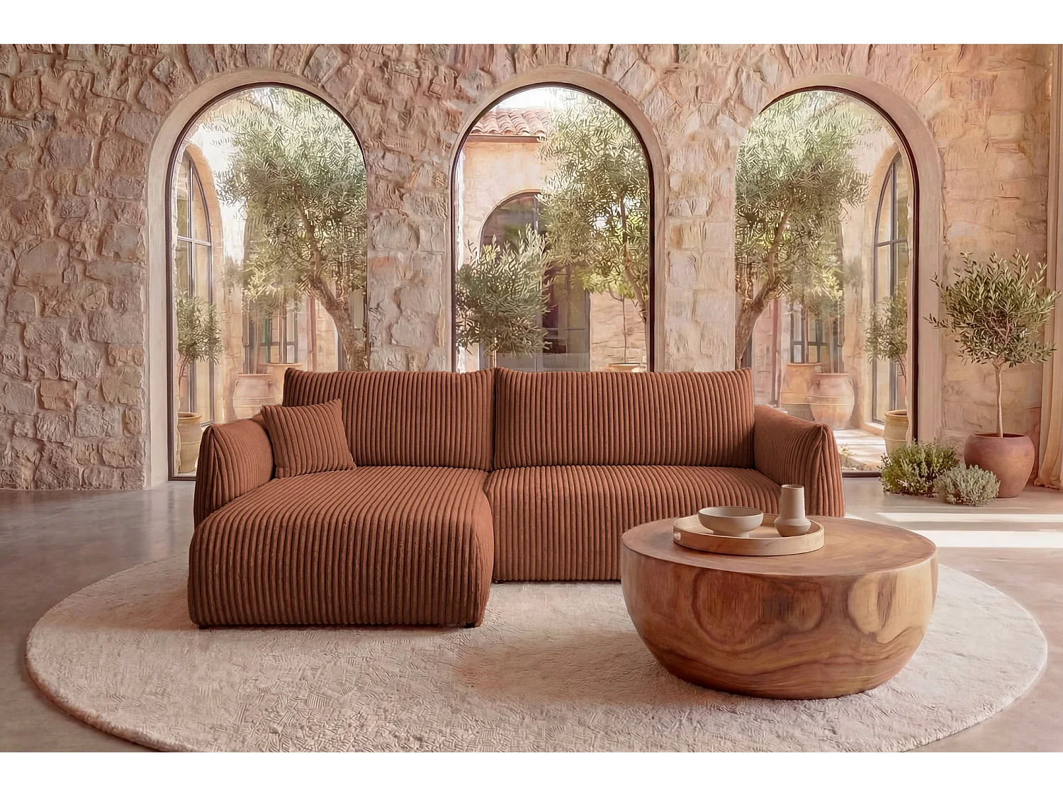 ELIO - Canapé d'angle convertible gros velours côtelé - Terracotta