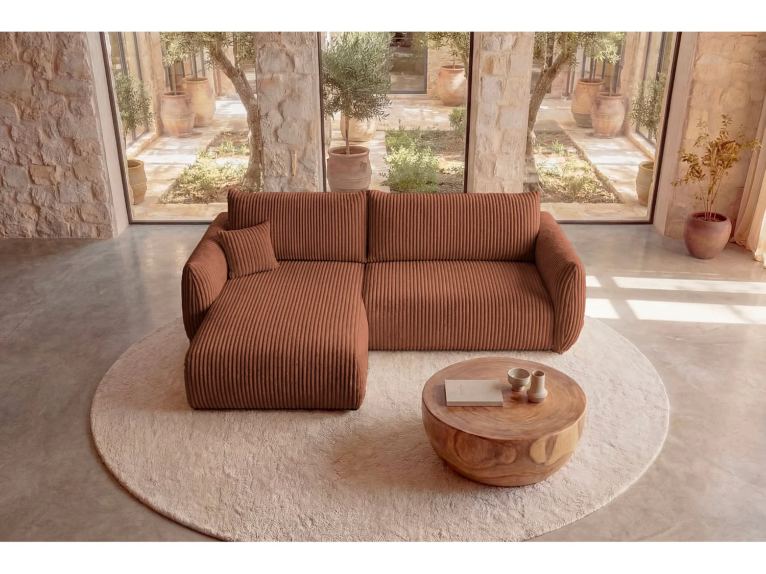 ELIO - Canapé d'angle convertible gros velours côtelé - Terracotta