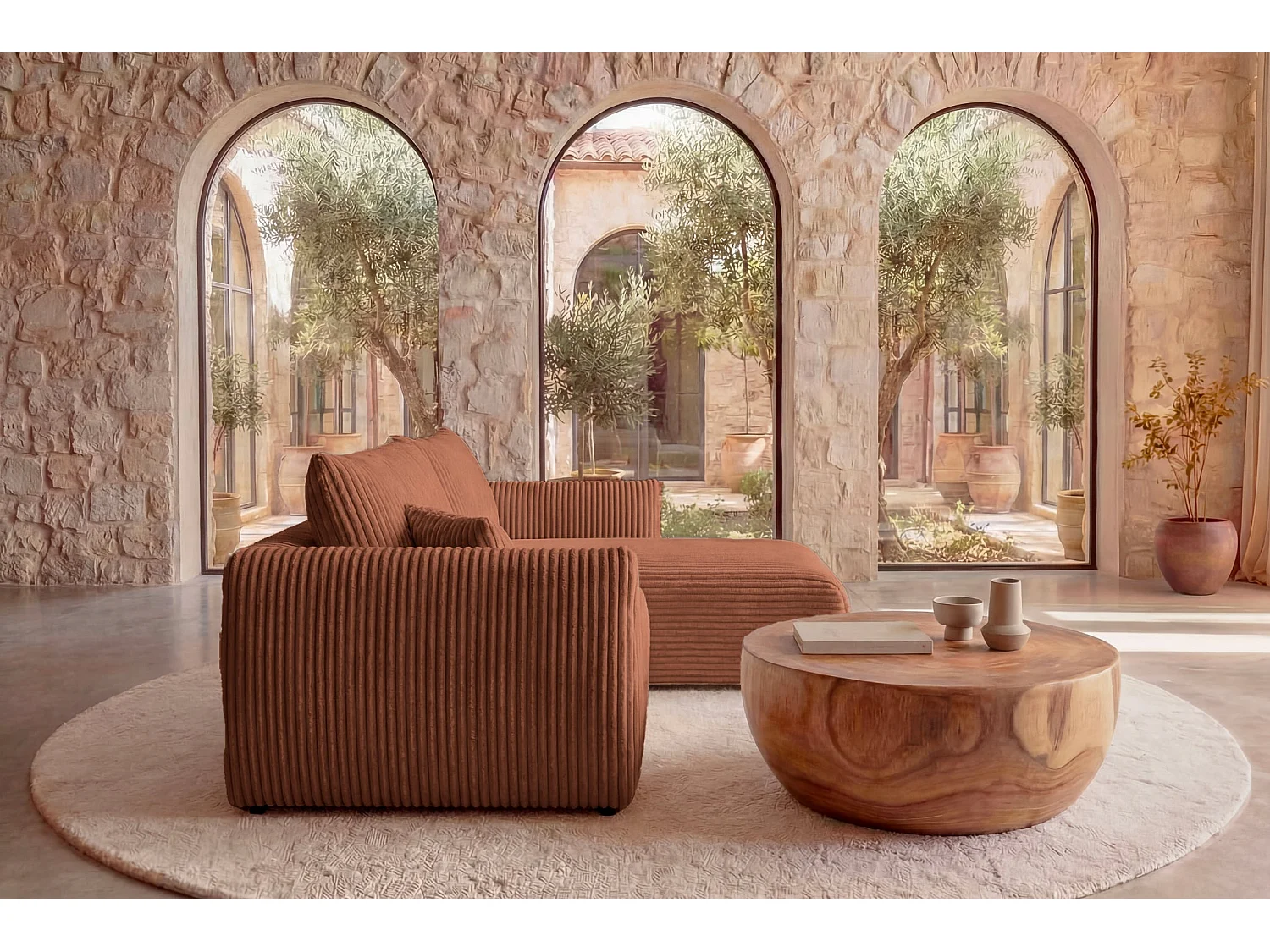 ELIO - Canapé d'angle convertible gros velours côtelé - Terracotta