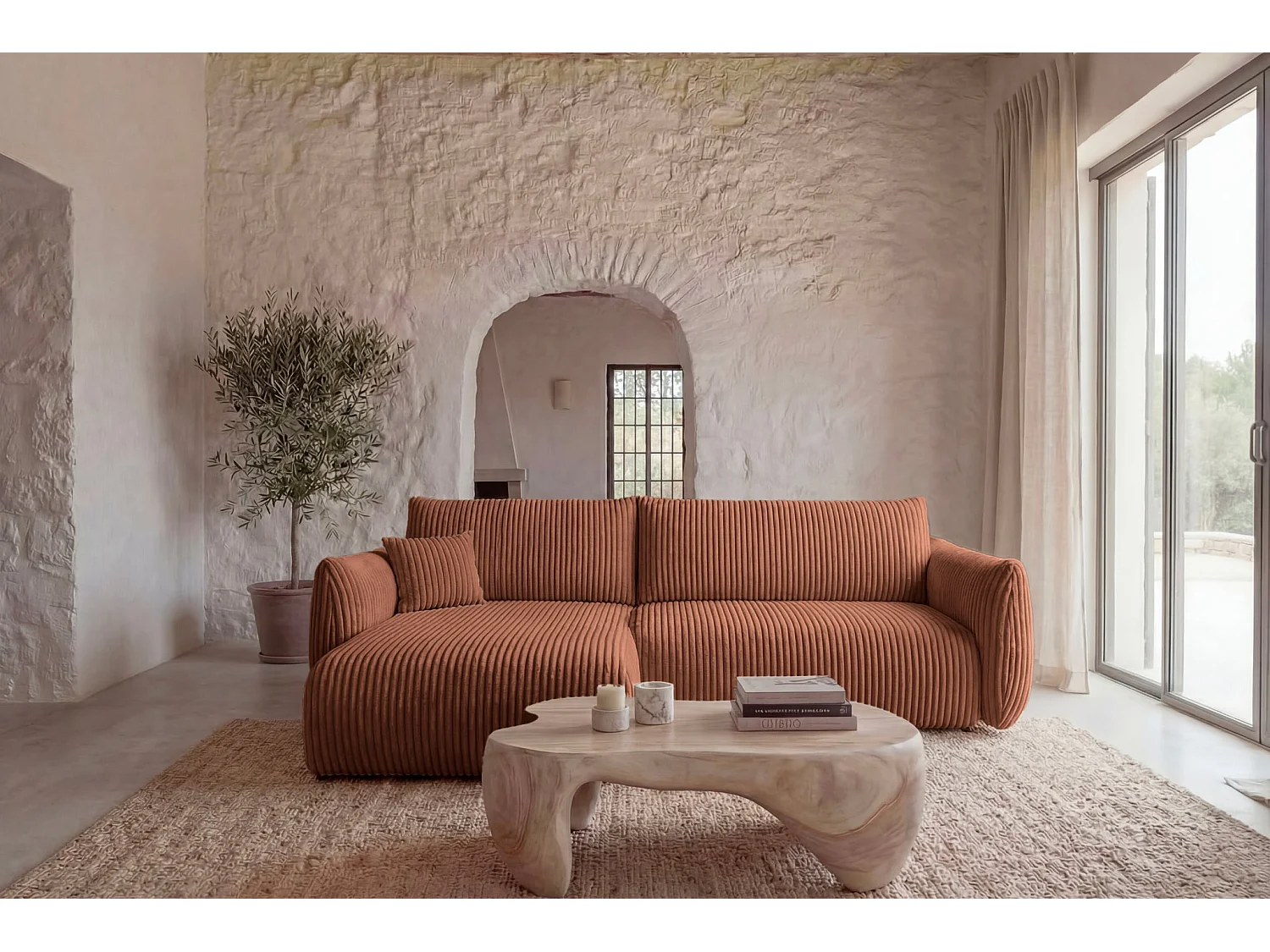 ELIO - Canapé d'angle convertible gros velours côtelé 4 places - Terracotta