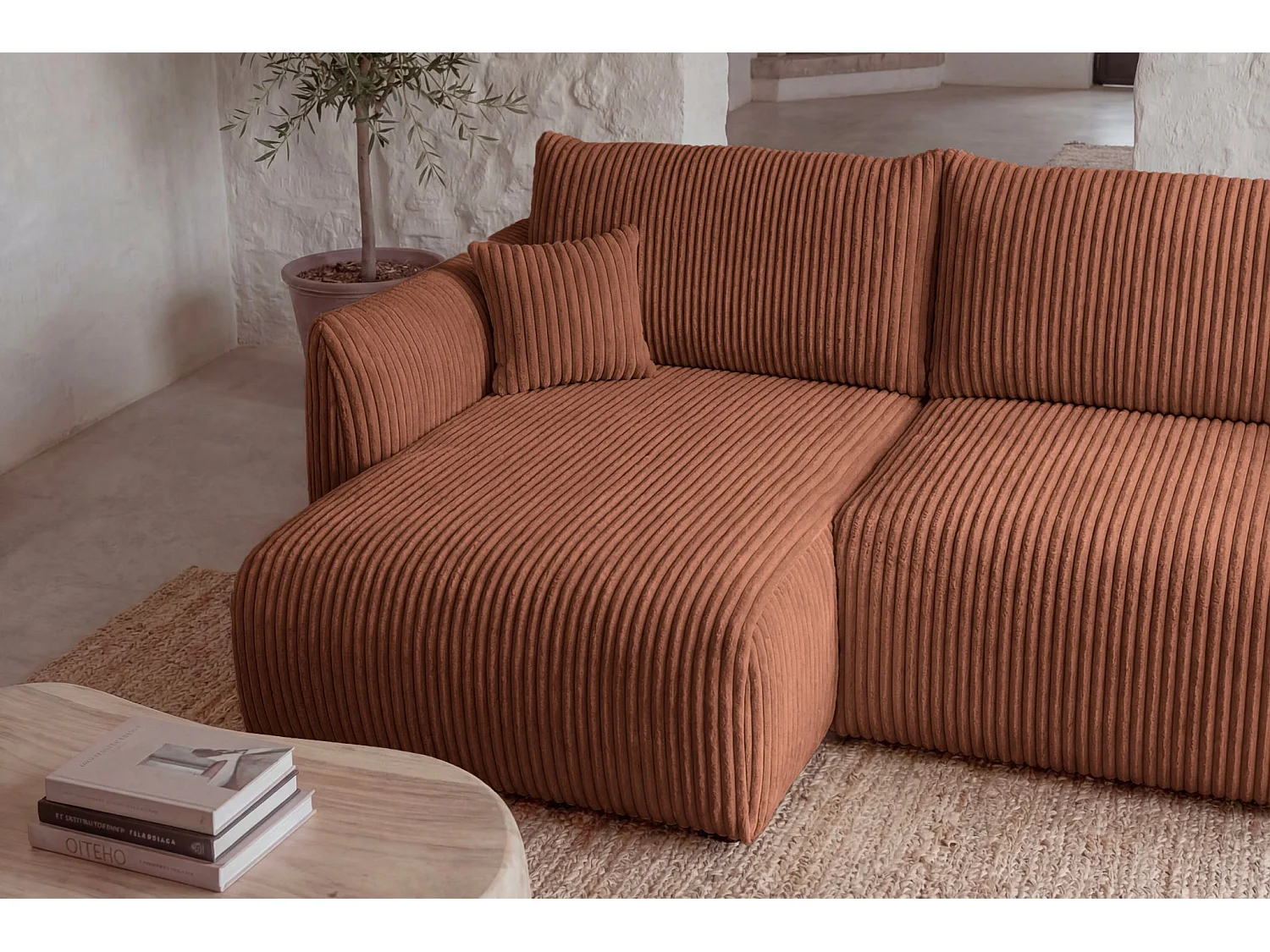 ELIO - Canapé d'angle convertible gros velours côtelé 4 places - Terracotta