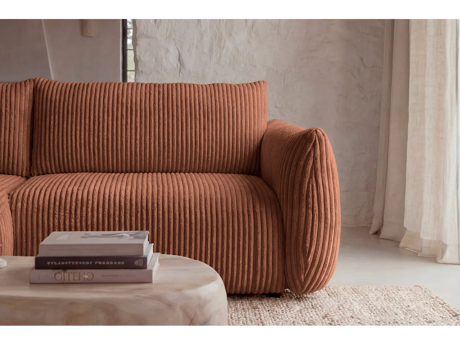 ELIO - Canapé d'angle convertible gros velours côtelé 4 places - Terracotta