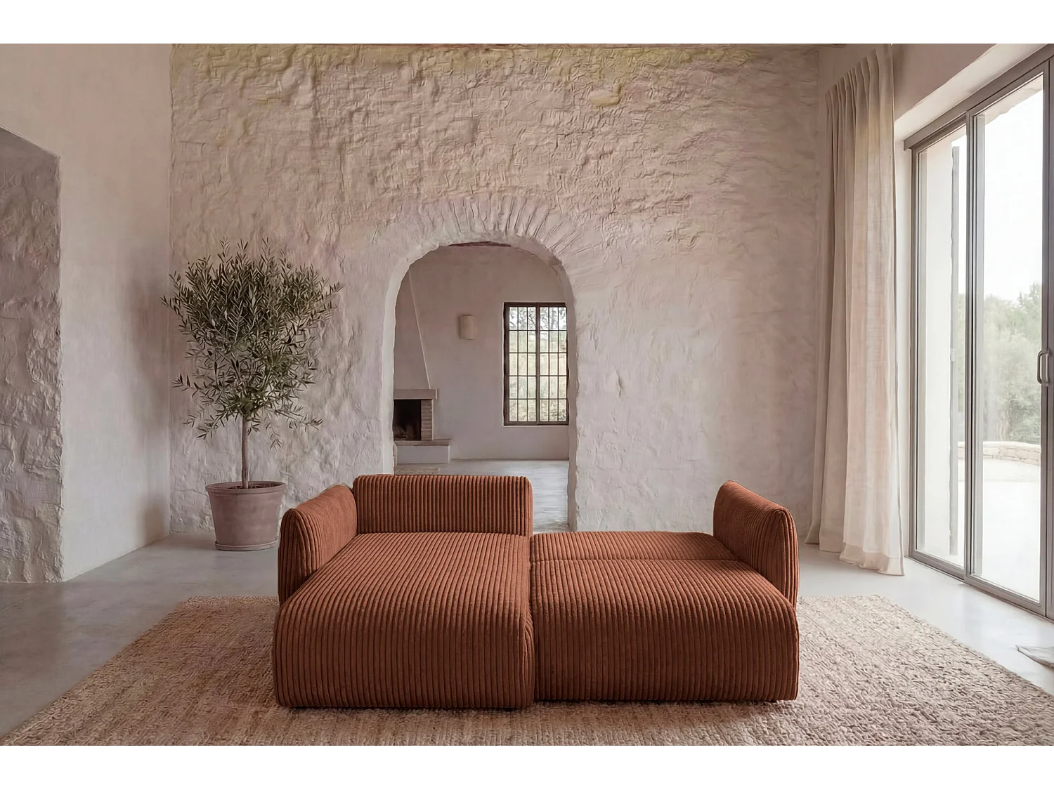 ELIO - Canapé d'angle convertible gros velours côtelé 4 places - Terracotta