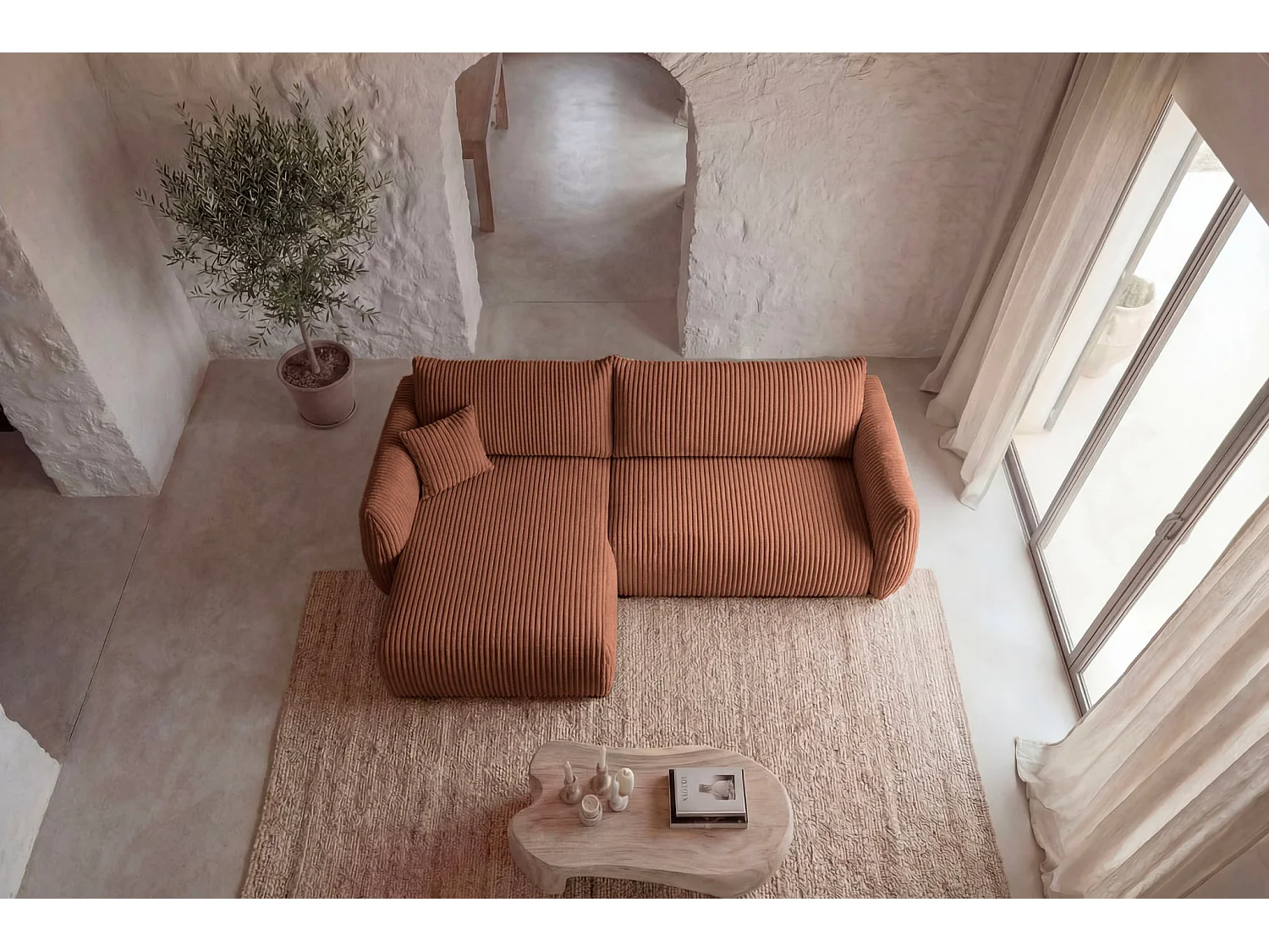 ELIO - Canapé d'angle convertible gros velours côtelé 4 places - Terracotta