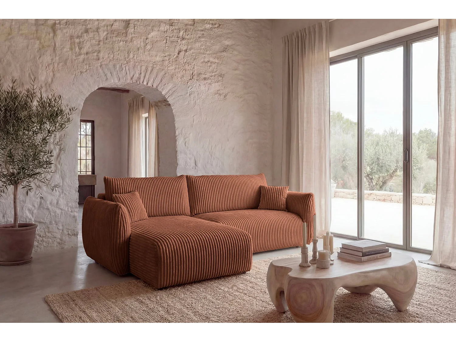 ELIO - Canapé d'angle convertible gros velours côtelé 4 places - Terracotta