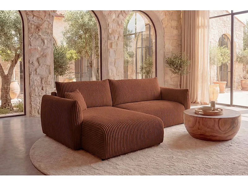 ELIO - Canapé d'angle convertible gros velours côtelé - Terracotta