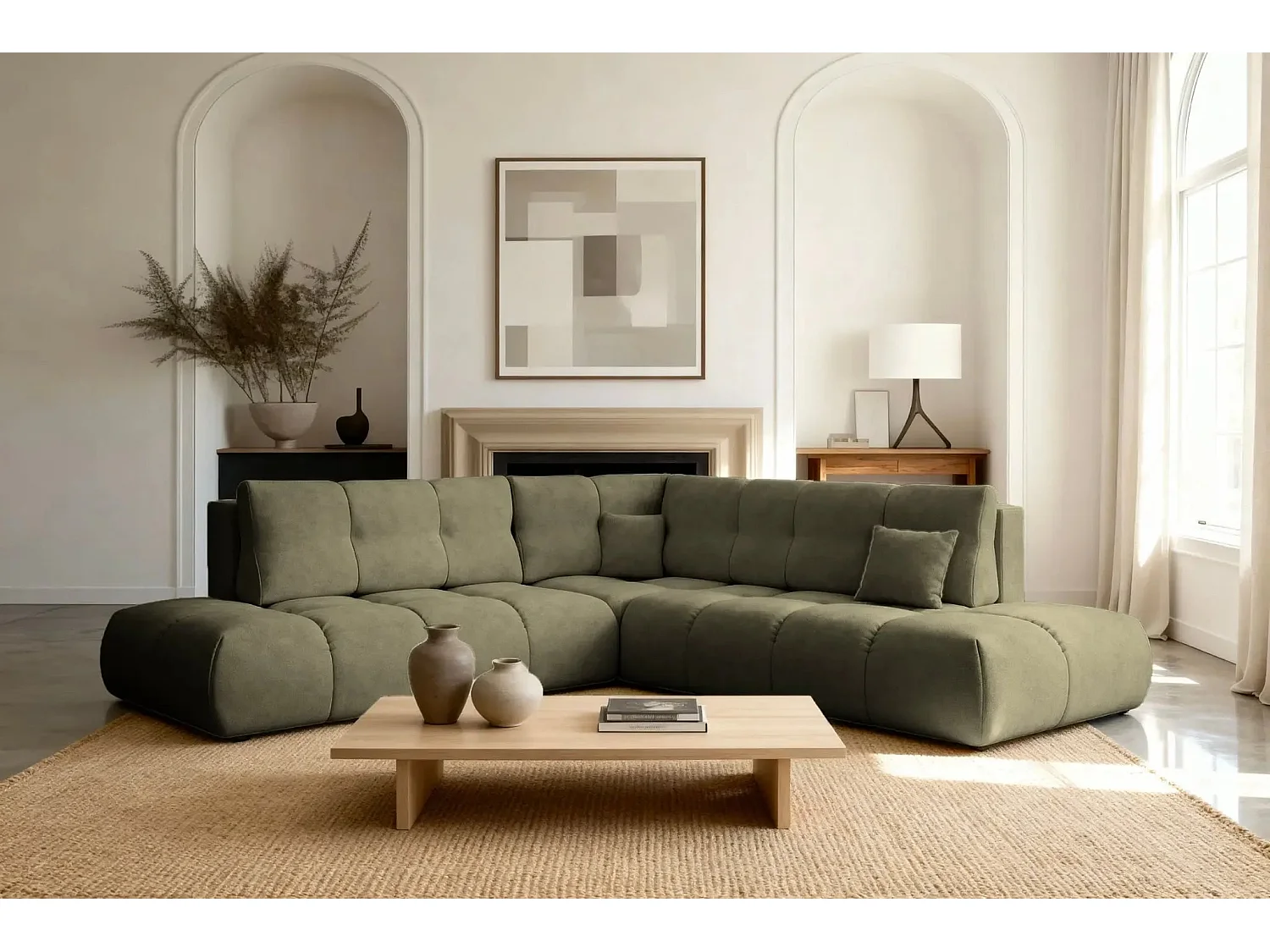 CONSTANCE L - Canapé d'angle convertible tissu chenille 4 places - Vert - Gauche