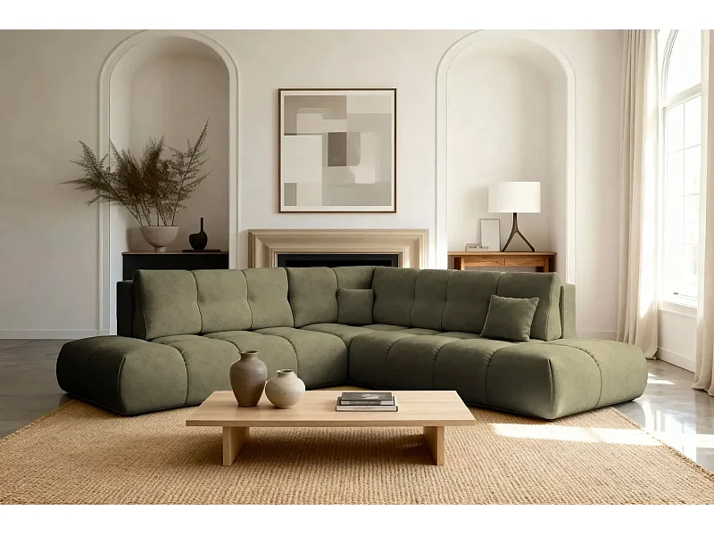 CONSTANCE L - Canapé d'angle convertible tissu chenille 4 places - Vert - Gauche