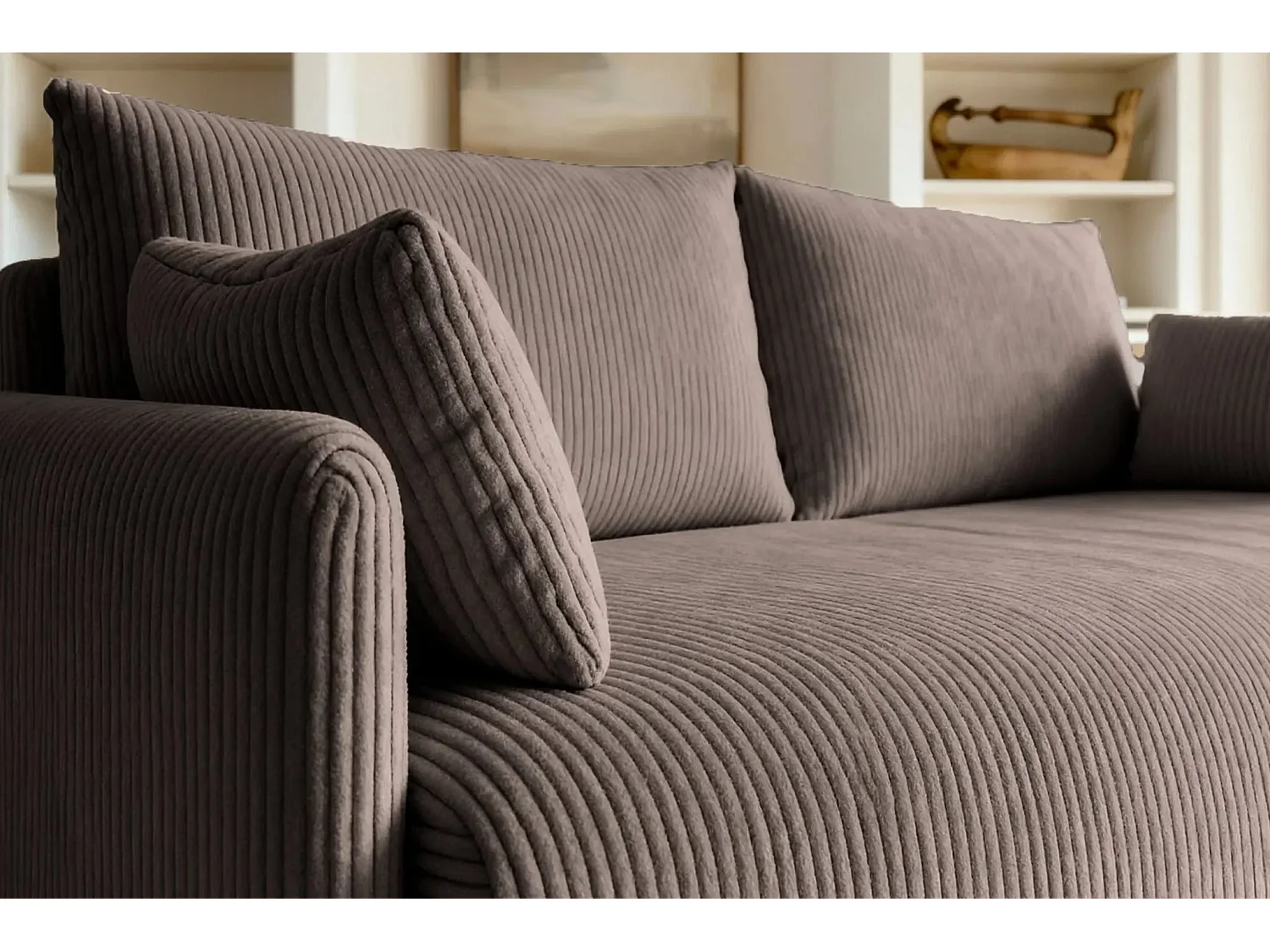 AXELLE - Canapé droit convertible velours côtelé - Café clair