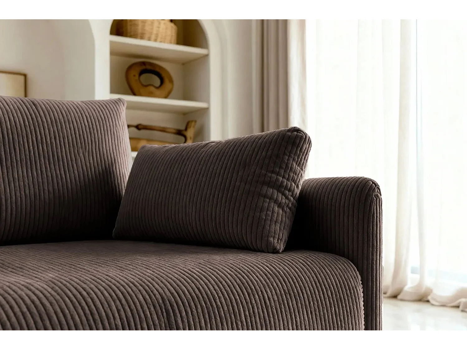 AXELLE - Canapé droit convertible velours côtelé - Café clair