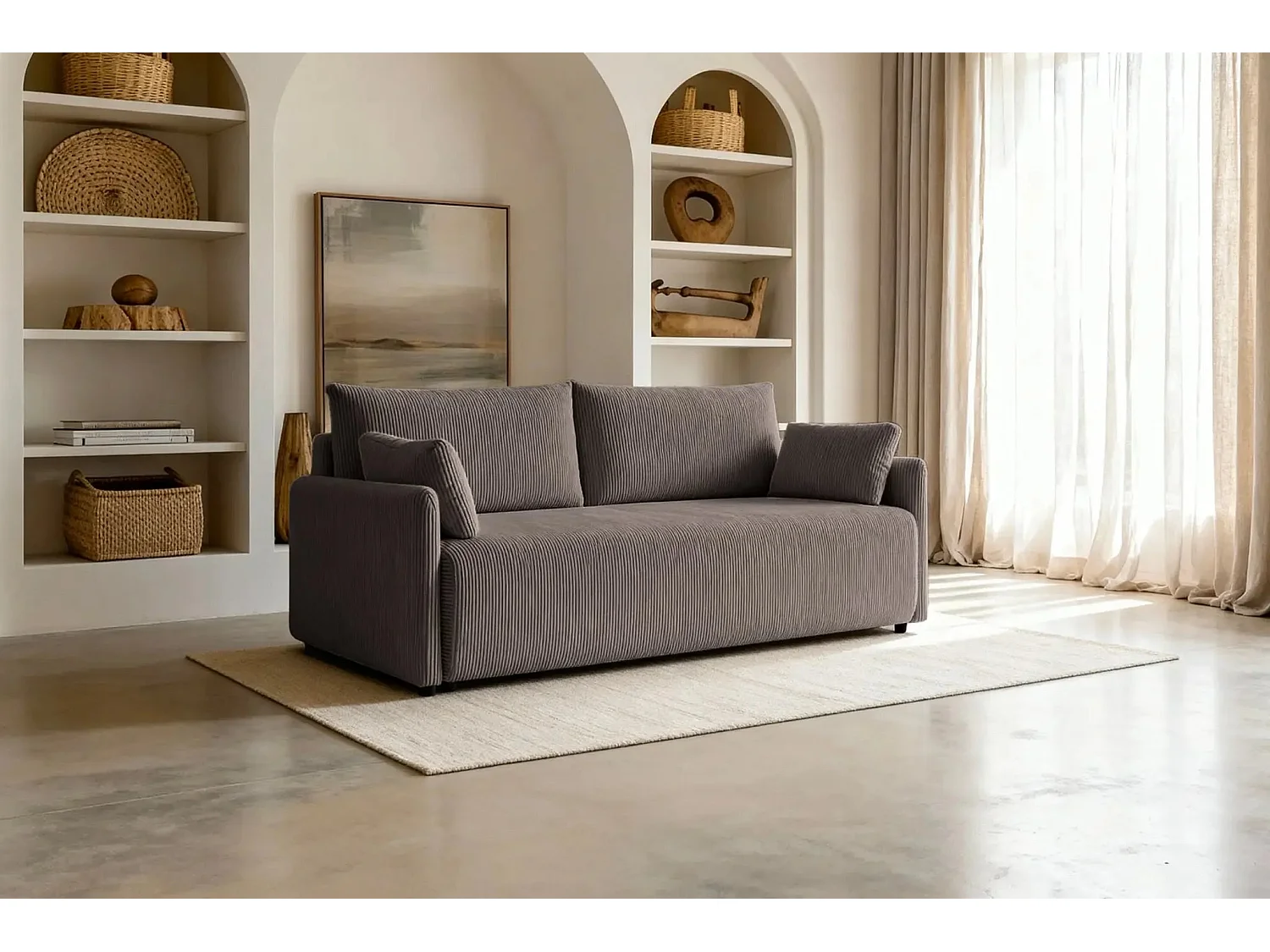 AXELLE - Canapé droit convertible velours côtelé 2 places - Café clair