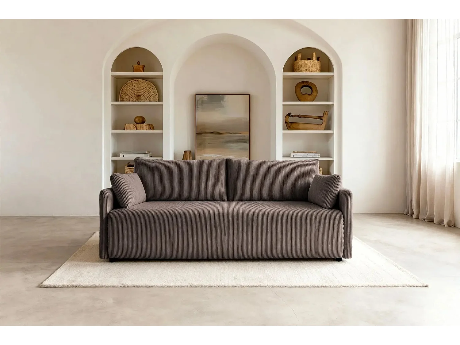 AXELLE - Canapé droit convertible velours côtelé 2 places - Café clair