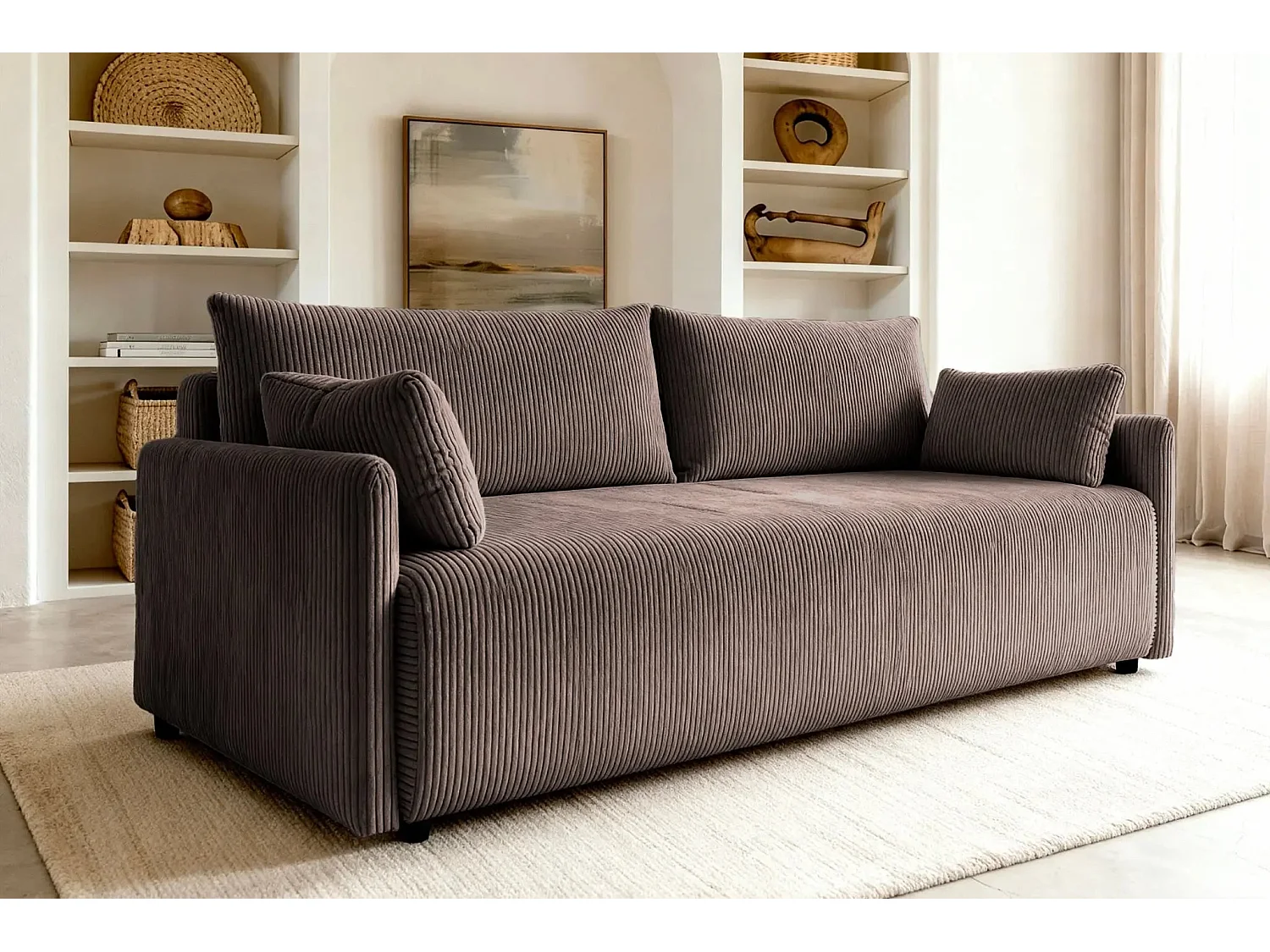 AXELLE - Canapé droit convertible velours côtelé 2 places - Café clair