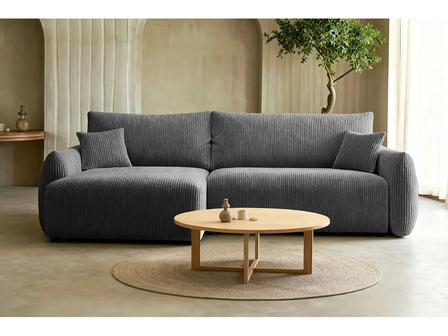 ELIO - Canapé d'angle convertible petit velours côtelé - Gris foncé